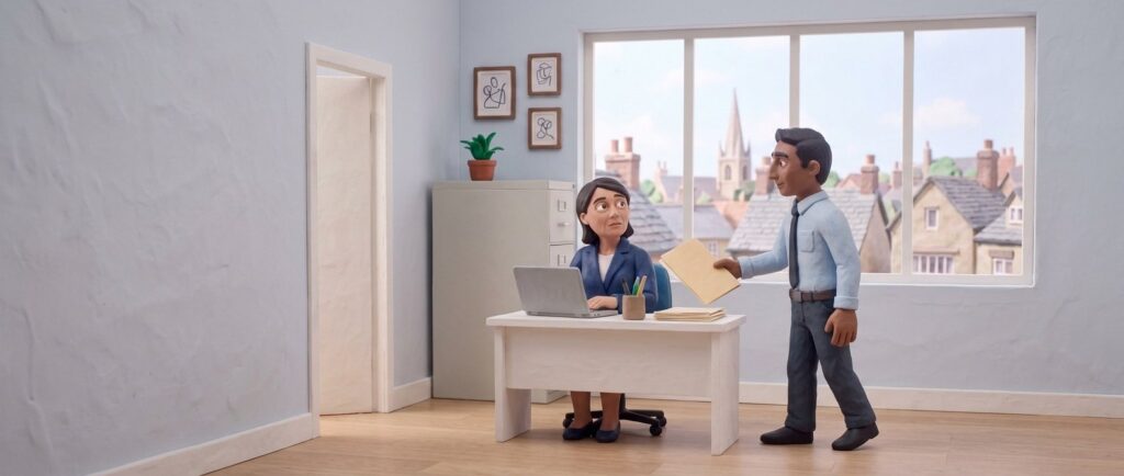 Clay figures in a small British office: a man holds out a manila folder to a woman at her desk, who looks up at him uncertainly